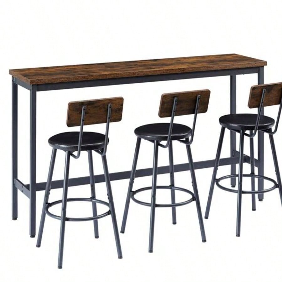 Long Bar Table Set with 3 PU Upholstered Bar Stools, Industrial Bar Table and Chairs Kitchen Breakfast Table, Living Room, Banquet Hall, Rustic Brown and Black, 63Lx15. 37.5H