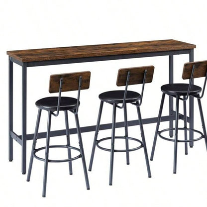 Long Bar Table Set with 3 PU Upholstered Bar Stools, Industrial Bar Table and Chairs Kitchen Breakfast Table, Living Room, Banquet Hall, Rustic Brown and Black, 63Lx15. 37.5H