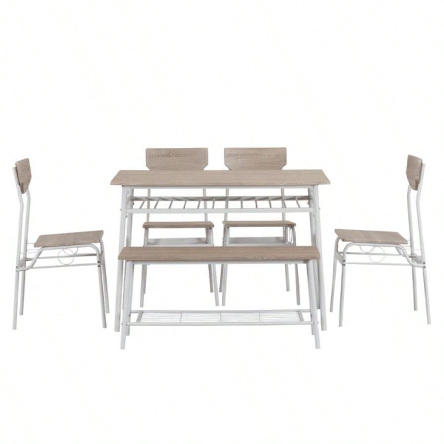 6 - Piece Modern Dining Set Home, Kitchen, Dining Room with Storage Racks, Rectangular Table, 4 Chairs, Steel Frame - White Oak Color