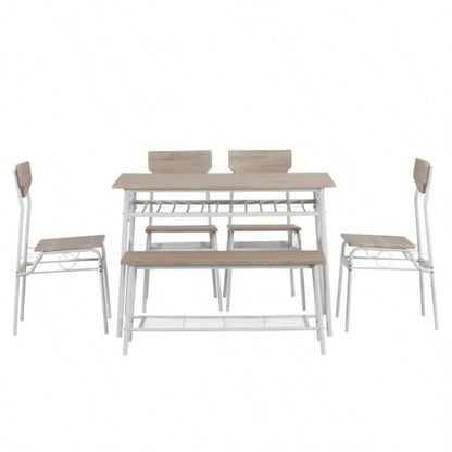6 - Piece Modern Dining Set Home, Kitchen, Dining Room with Storage Racks, Rectangular Table, 4 Chairs, Steel Frame - White Oak Color