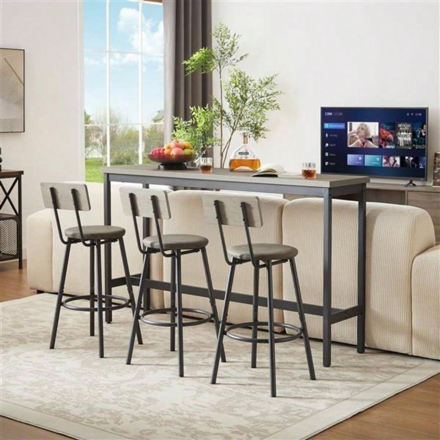 Long Bar Table Set with 3 PU Upholstered Bar Stools, Industrial Bar Table and Chairs Kitchen Breakfast Table, Living Room, Banquet Hall, Rustic Gray and Black, 63Lx15. 37.5H