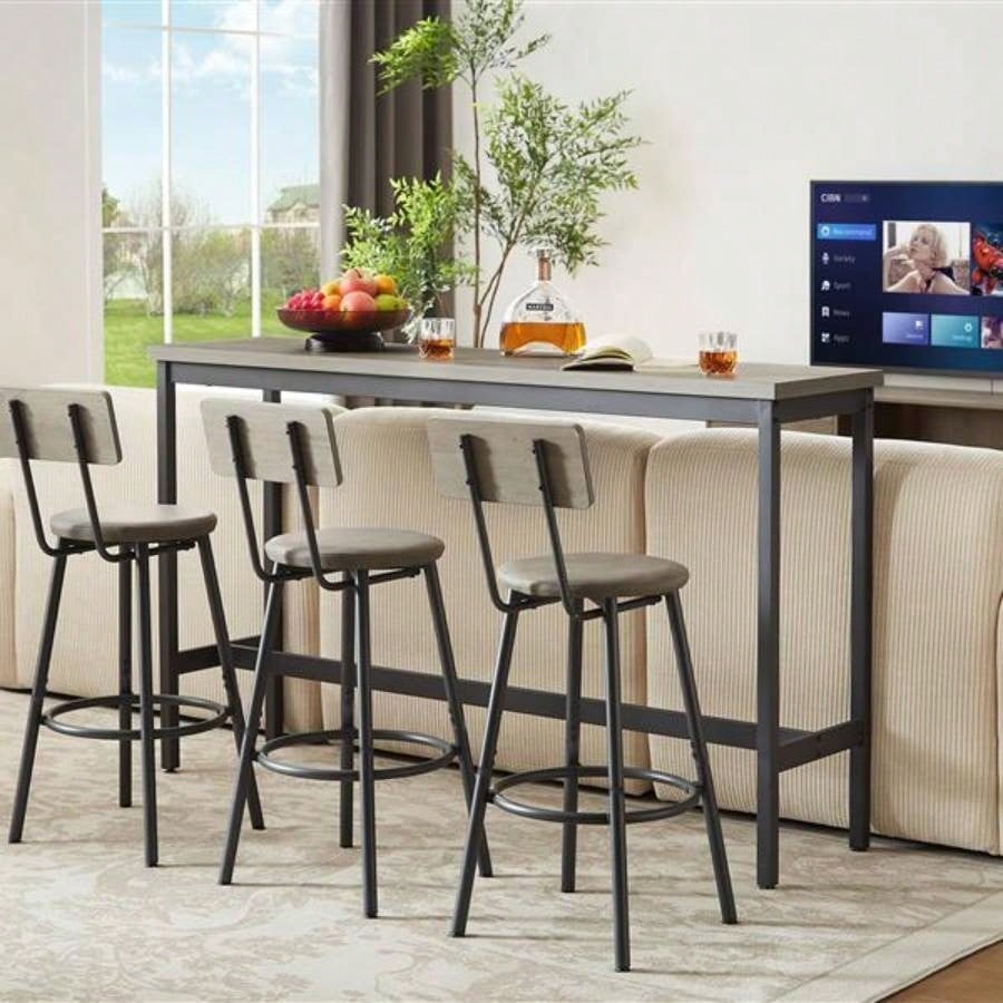 Long Bar Table Set with 3 PU Upholstered Bar Stools, Industrial Bar Table and Chairs Kitchen Breakfast Table, Living Room, Banquet Hall, Rustic Gray and Black, 63Lx15. 37.5H