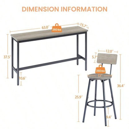Long Bar Table Set with 3 PU Upholstered Bar Stools, Industrial Bar Table and Chairs Kitchen Breakfast Table, Living Room, Banquet Hall, Rustic Gray and Black, 63Lx15. 37.5H