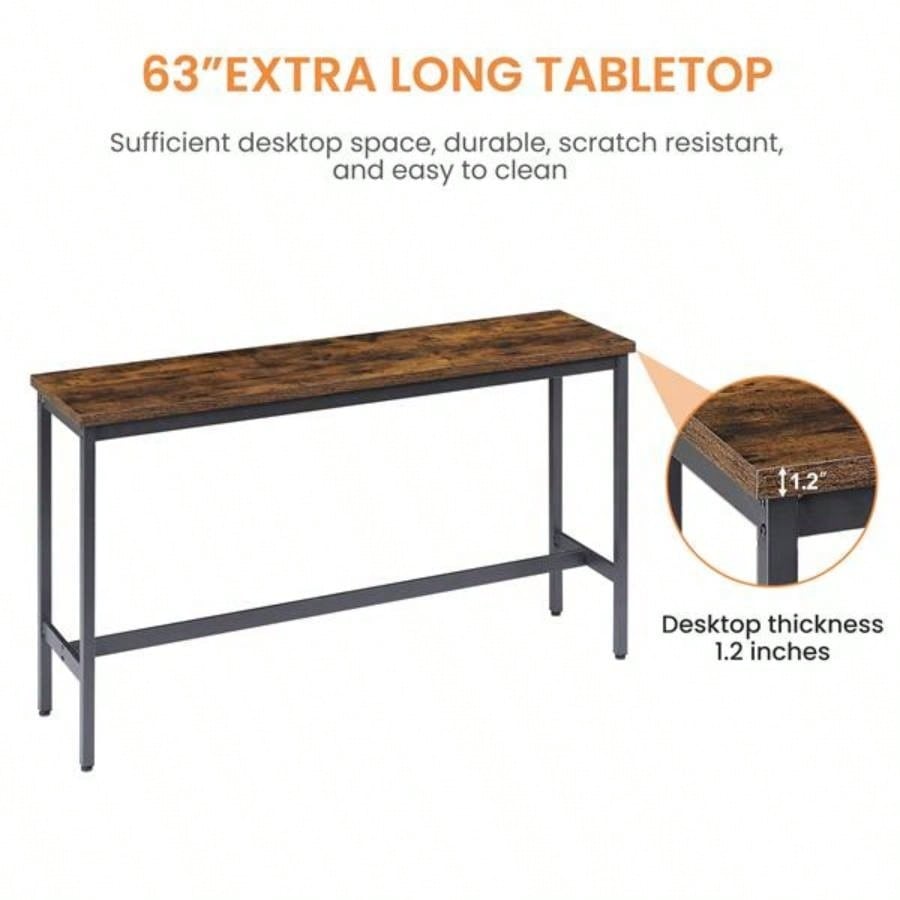 Long Bar Table Set with 3 PU Upholstered Bar Stools, Industrial Bar Table and Chairs Kitchen Breakfast Table, Living Room, Banquet Hall, Rustic Brown and Black, 63Lx15. 37.5H