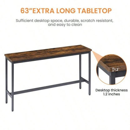 Long Bar Table Set with 3 PU Upholstered Bar Stools, Industrial Bar Table and Chairs Kitchen Breakfast Table, Living Room, Banquet Hall, Rustic Brown and Black, 63Lx15. 37.5H