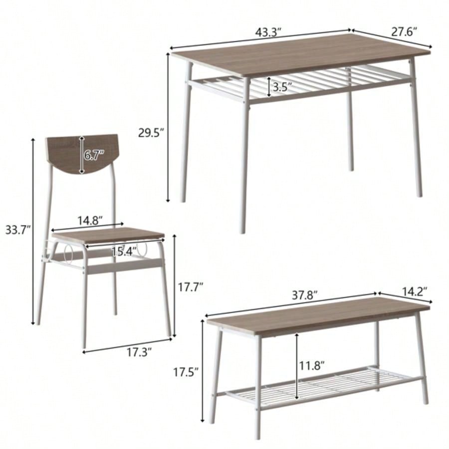 6 - Piece Modern Dining Set Home, Kitchen, Dining Room with Storage Racks, Rectangular Table, 4 Chairs, Steel Frame - White Oak Color