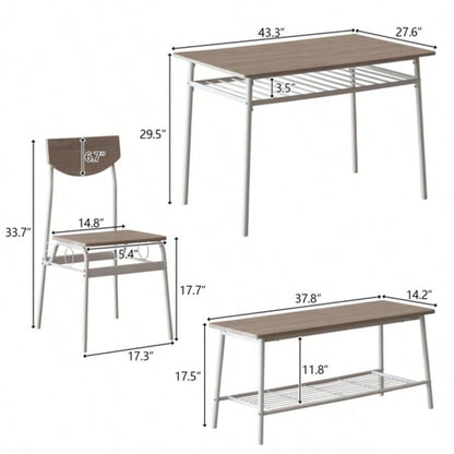 6 - Piece Modern Dining Set Home, Kitchen, Dining Room with Storage Racks, Rectangular Table, 4 Chairs, Steel Frame - White Oak Color