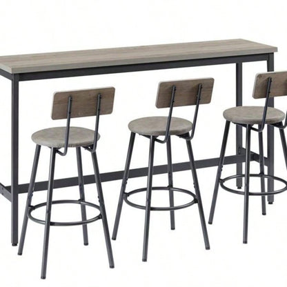 Long Bar Table Set with 3 PU Upholstered Bar Stools, Industrial Bar Table and Chairs Kitchen Breakfast Table, Living Room, Banquet Hall, Rustic Gray and Black, 63Lx15. 37.5H