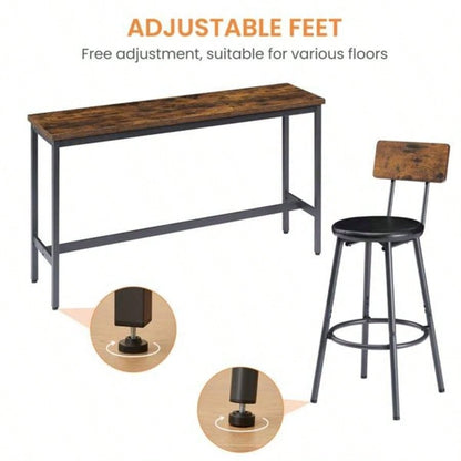Long Bar Table Set with 3 PU Upholstered Bar Stools, Industrial Bar Table and Chairs Kitchen Breakfast Table, Living Room, Banquet Hall, Rustic Brown and Black, 63Lx15. 37.5H