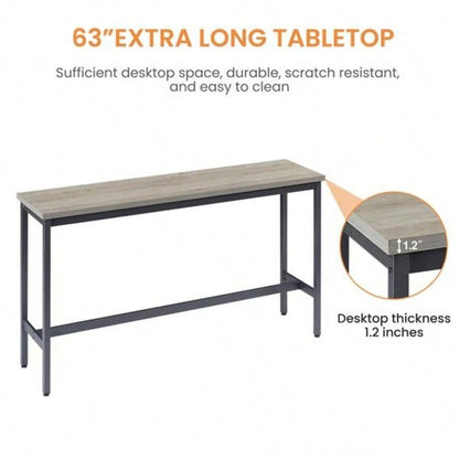 Long Bar Table Set with 3 PU Upholstered Bar Stools, Industrial Bar Table and Chairs Kitchen Breakfast Table, Living Room, Banquet Hall, Rustic Gray and Black, 63Lx15. 37.5H
