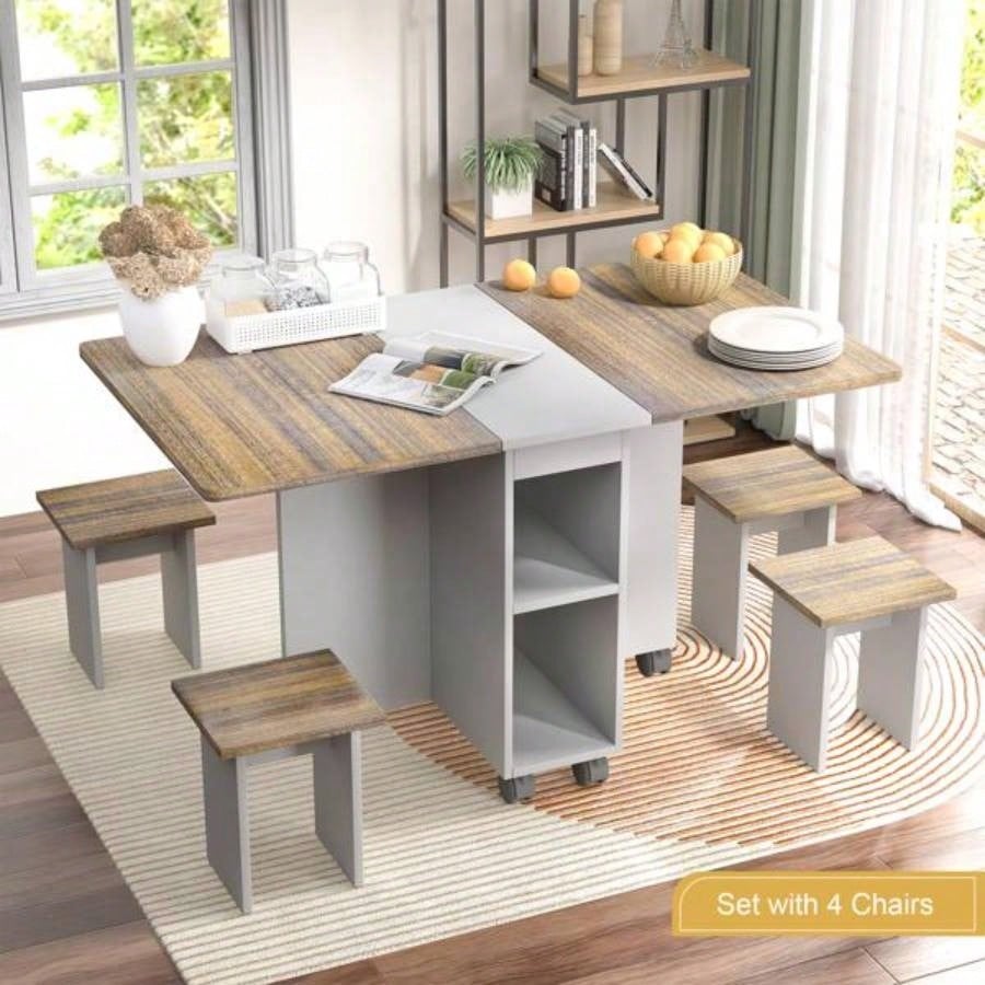 5 Pieces Folding Extendable Dining Table Set with 4 Chairs 4 Peoples, 5539; 39; Drop Leaf Wood Kitchen Dining Room Table Set with Storage and 6 Wheels Small Space Saving, Brown