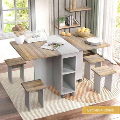 5 Pieces Folding Extendable Dining Table Set with 4 Chairs 4 Peoples, 5539; 39; Drop Leaf Wood Kitchen Dining Room Table Set with Storage and 6 Wheels Small Space Saving, Brown
