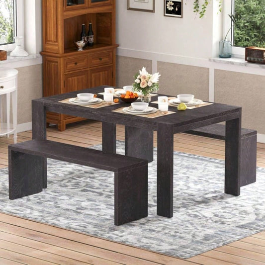 3 - piece Farmhouse Style Simple Dining Set, Dining Table and 2 Benches, Dining Room, Kitchen and Living Room Espresso