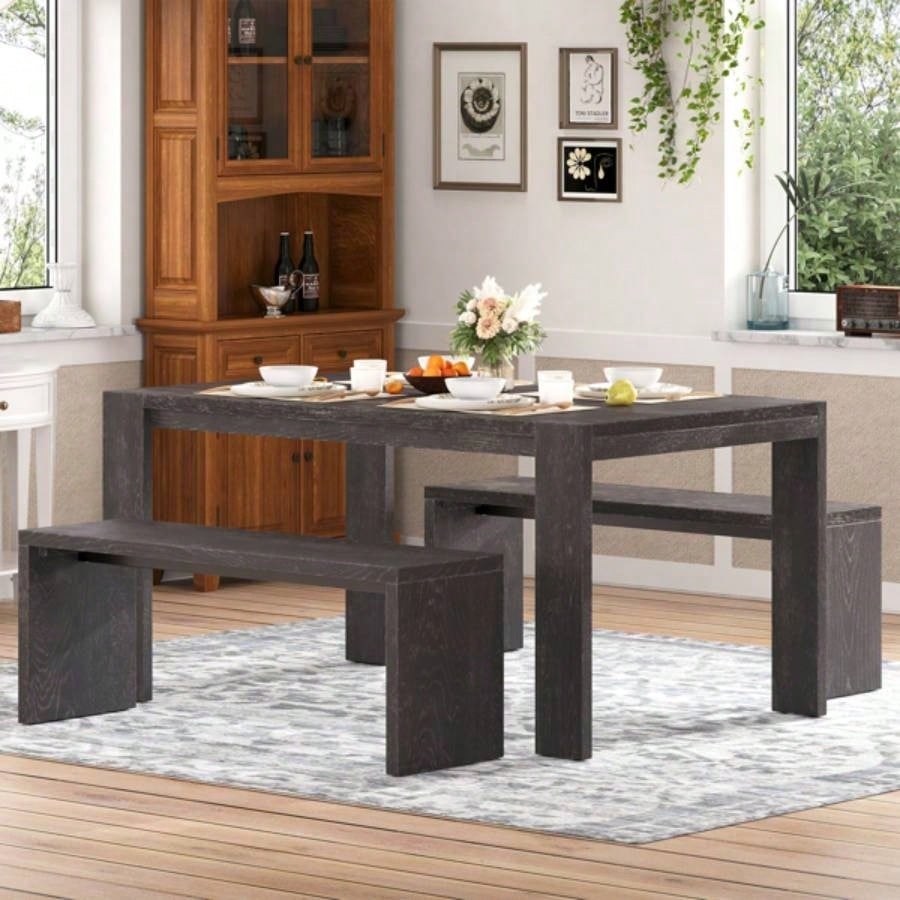 3 - piece Farmhouse Style Simple Dining Set, Dining Table and 2 Benches, Dining Room, Kitchen and Living Room Espresso