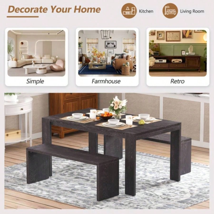 3 - piece Farmhouse Style Simple Dining Set, Dining Table and 2 Benches, Dining Room, Kitchen and Living Room Espresso