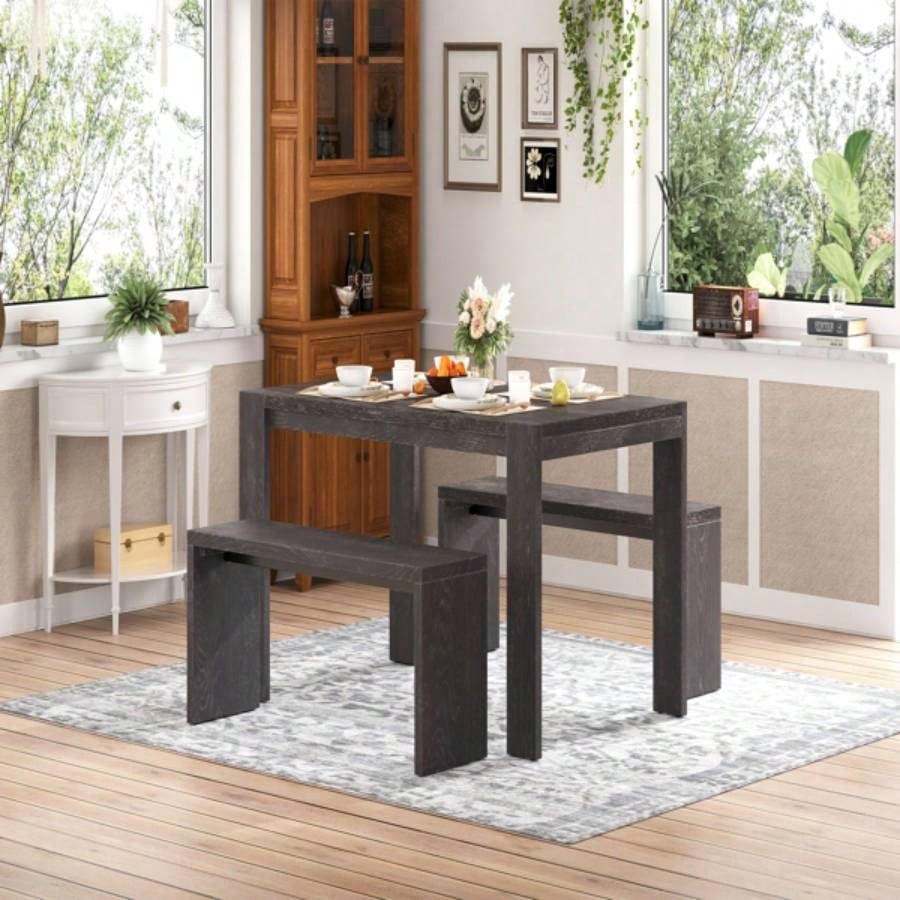 3 - piece Farmhouse Style Simple Dining Set, Dining Table and 2 Benches, Dining Room, Kitchen and Living Room Espresso