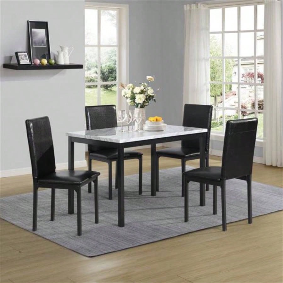 5 - Piece Metal Dinette Set with Laminated Faux Marble Top, 4 Black Chairs