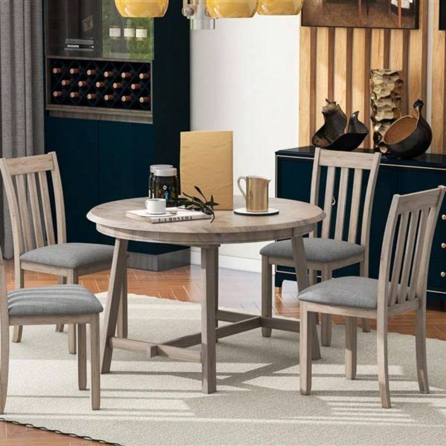 5 - Piece Wood Dining Table Set Round Extendable Dining Table with 4 Dining Chairs, Dining Room Table Set 4 person Dining Room Natural Wood Wash