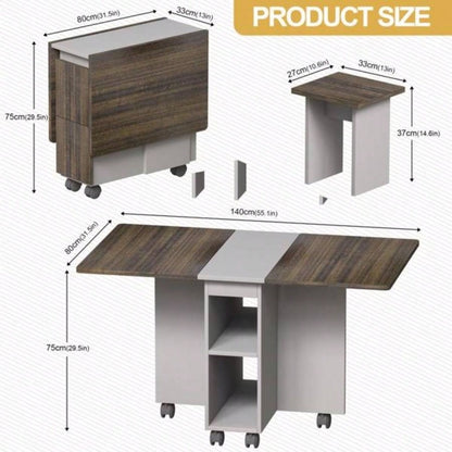5 Pieces Folding Extendable Dining Table Set with 4 Chairs 4 Peoples, 5539; 39; Drop Leaf Wood Kitchen Dining Room Table Set with Storage and 6 Wheels Small Space Saving, Brown