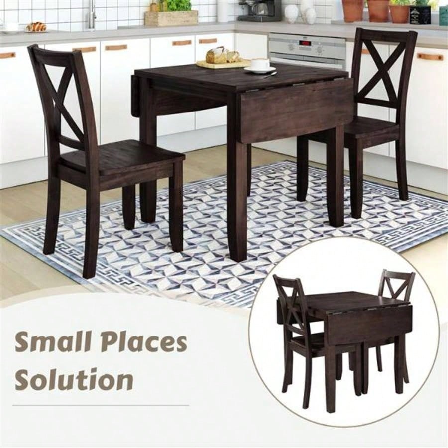 3 - Piece Wood Drop Leaf Breakfast Nook Dining Table Set with 2 X - back Chairs Small Places, Espresso