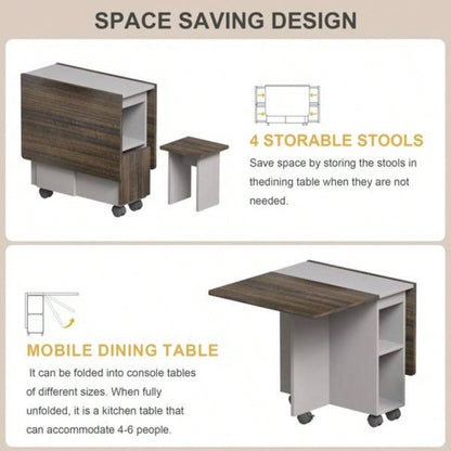 5 Pieces Folding Extendable Dining Table Set with 4 Chairs 4 Peoples, 5539; 39; Drop Leaf Wood Kitchen Dining Room Table Set with Storage and 6 Wheels Small Space Saving, Brown