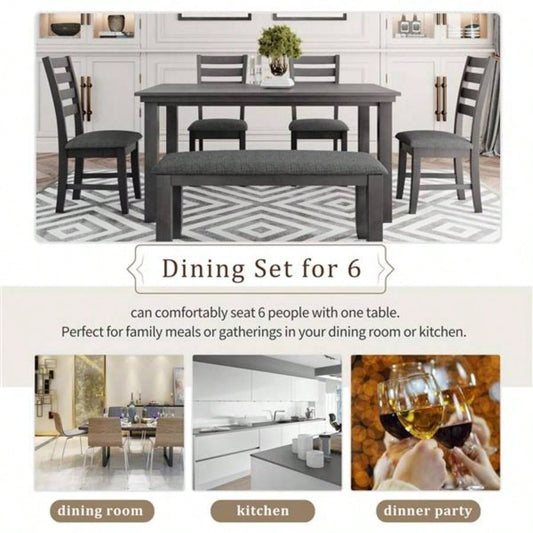 Dining Room Table and Chairs with, Rustic Wood Dining Set, Set of 6 Gray