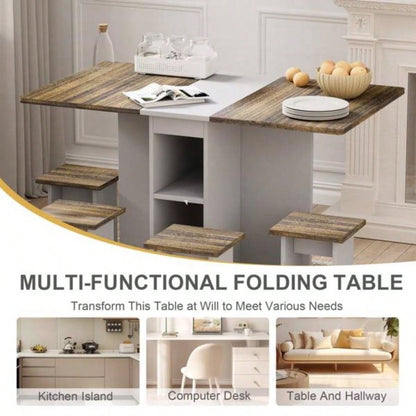 5 Pieces Folding Extendable Dining Table Set with 4 Chairs 4 Peoples, 5539; 39; Drop Leaf Wood Kitchen Dining Room Table Set with Storage and 6 Wheels Small Space Saving, Brown