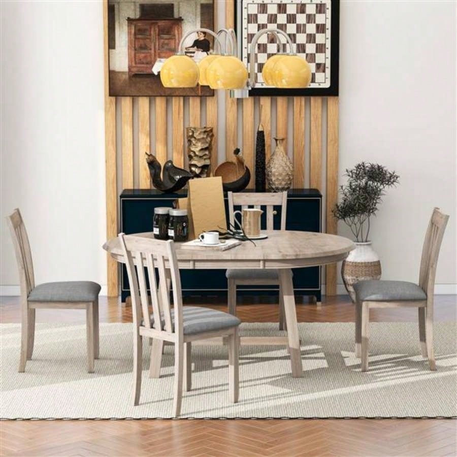 5 - Piece Wood Dining Table Set Round Extendable Dining Table with 4 Dining Chairs, Dining Room Table Set 4 person Dining Room Natural Wood Wash