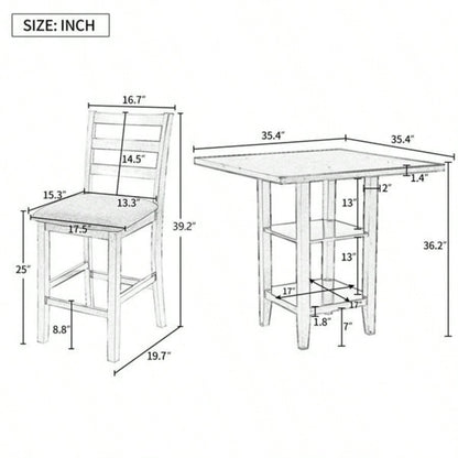 5 - Piece Wooden Counter Height Dining Set with Padded Chairs and Storage Shelving Gray