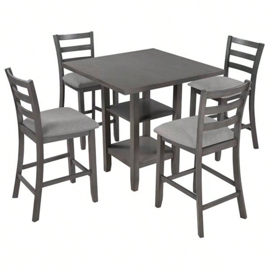 5 - Piece Wooden Counter Height Dining Set with Padded Chairs and Storage Shelving Gray