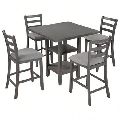 5 - Piece Wooden Counter Height Dining Set with Padded Chairs and Storage Shelving Gray
