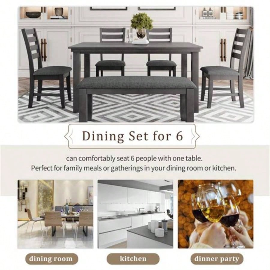 Dining Room Table and Chairs with, Rustic Wood Dining Set, Set of 6 Gray