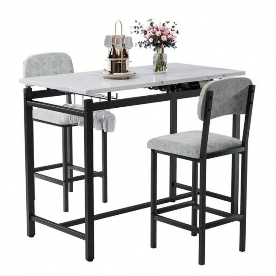 Kitchen Table Set, Dining Table and Chairs 2, 3 Piece Dining Room Table Set with 2 Upholstered Chairs, Bar Dining Table Set Small Spaces, Apartment, Breakfast, Pub, Rustic Black