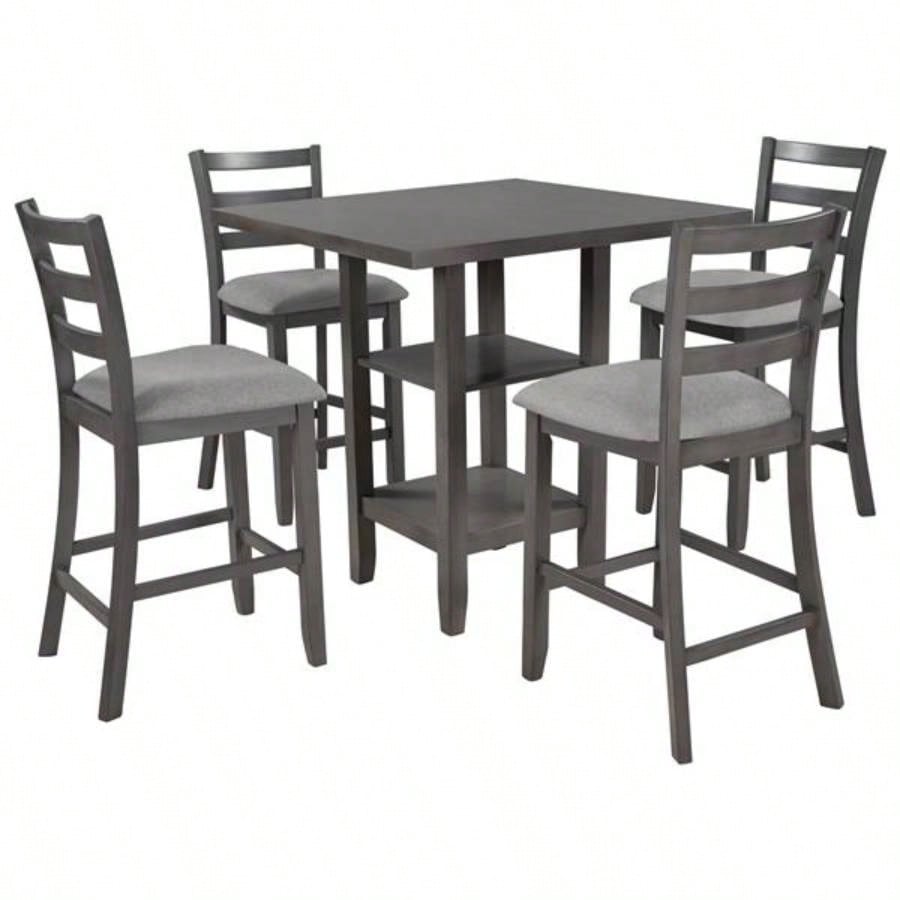 5 - Piece Wooden Counter Height Dining Set with Padded Chairs and Storage Shelving Gray
