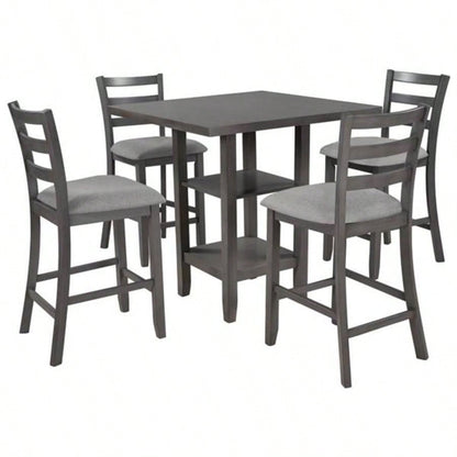 5 - Piece Wooden Counter Height Dining Set with Padded Chairs and Storage Shelving Gray