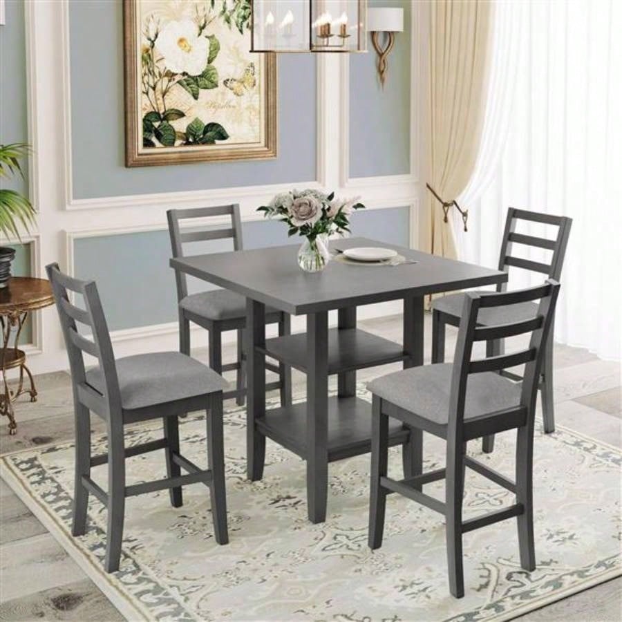 5 - Piece Wooden Counter Height Dining Set with Padded Chairs and Storage Shelving Gray