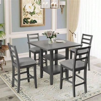 5 - Piece Wooden Counter Height Dining Set with Padded Chairs and Storage Shelving Gray