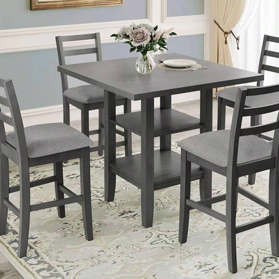 5 - Piece Wooden Counter Height Dining Set with Padded Chairs and Storage Shelving Gray