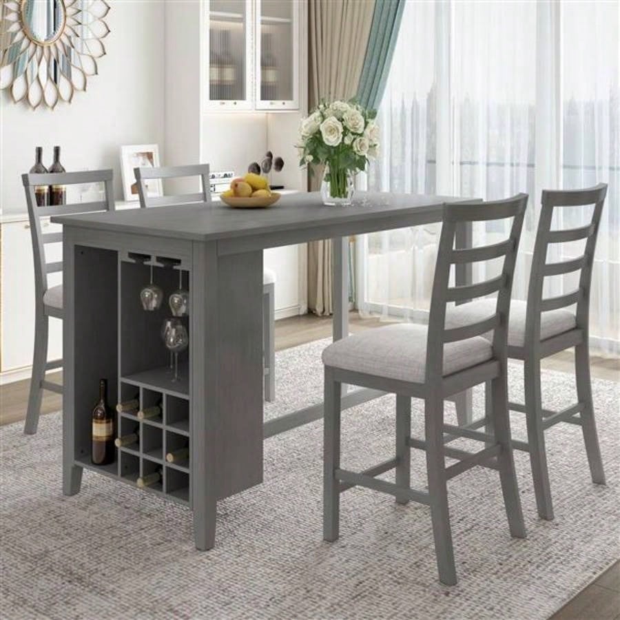 5 - Piece Multi - Functional Rubber Wood Counter Height Dining Set with Padded Chairs and Integrated 9 Bar Wine Compartment, Wineglass Holders Dining Room Gray