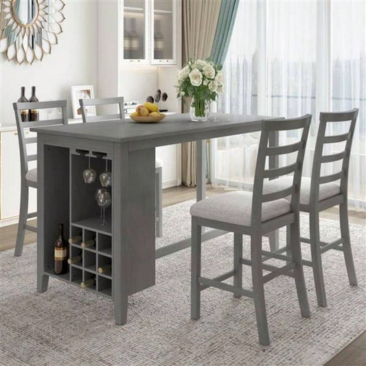 5 - Piece Multi - Functional Rubber Wood Counter Height Dining Set with Padded Chairs and Integrated 9 Bar Wine Compartment, Wineglass Holders Dining Room Gray