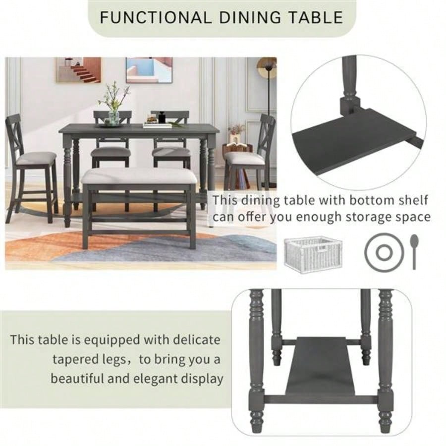 6 - Piece Counter Height Dining Table Set Table with Shelf 4 Chairs and Dining Room Gray