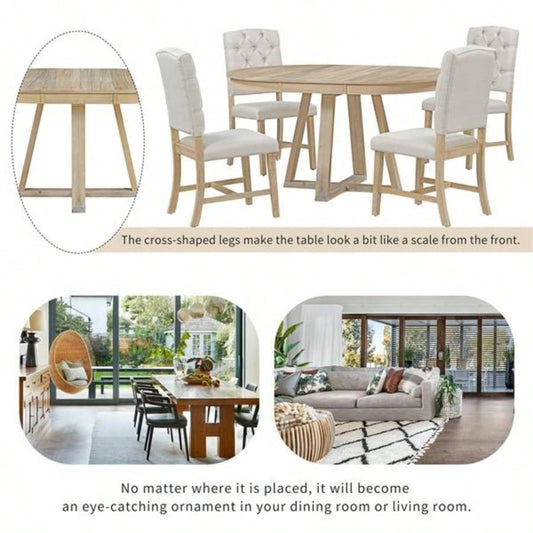 5 - Piece Retro Functional Dining Set, Round Table with a 16 Leaf and 4 Upholstered Chairs Dining Room and Living Room Natural