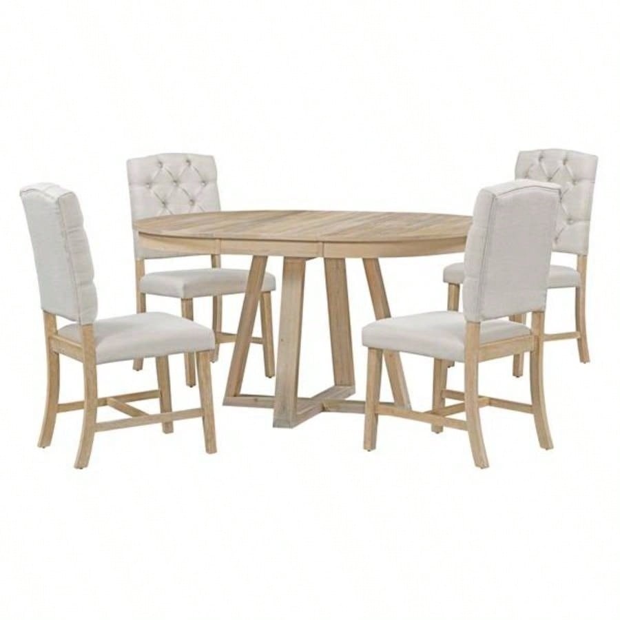 5 - Piece Retro Functional Dining Set, Round Table with a 16 Leaf and 4 Upholstered Chairs Dining Room and Living Room Natural
