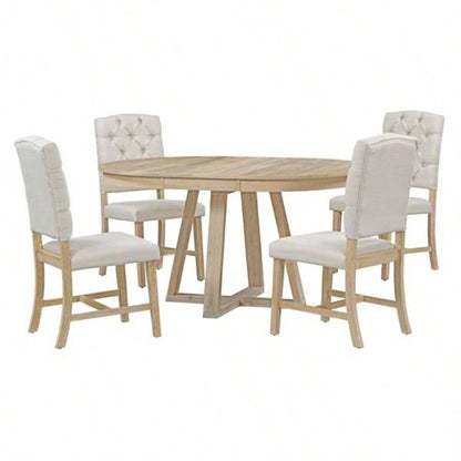5 - Piece Retro Functional Dining Set, Round Table with a 16 Leaf and 4 Upholstered Chairs Dining Room and Living Room Natural