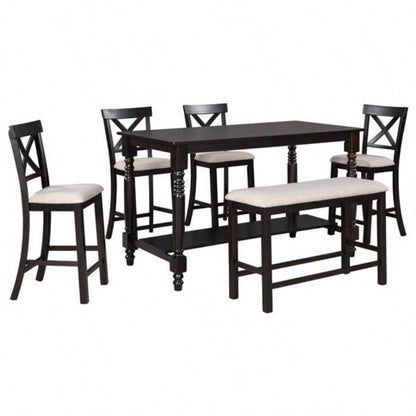 6 - Piece Counter Height Dining Table Set Table with Shelf 4 Chairs and Dining Room Espresso
