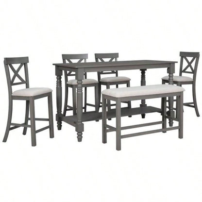 6 - Piece Counter Height Dining Table Set Table with Shelf 4 Chairs and Dining Room Gray