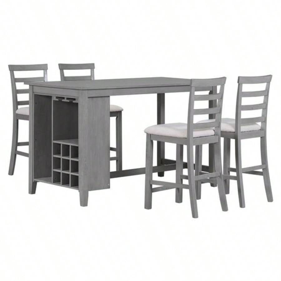 5 - Piece Multi - Functional Rubber Wood Counter Height Dining Set with Padded Chairs and Integrated 9 Bar Wine Compartment, Wineglass Holders Dining Room Gray