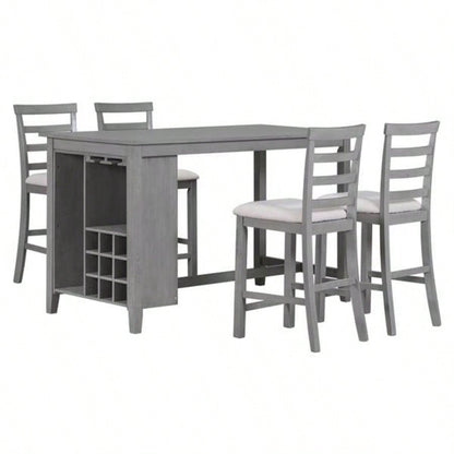 5 - Piece Multi - Functional Rubber Wood Counter Height Dining Set with Padded Chairs and Integrated 9 Bar Wine Compartment, Wineglass Holders Dining Room Gray