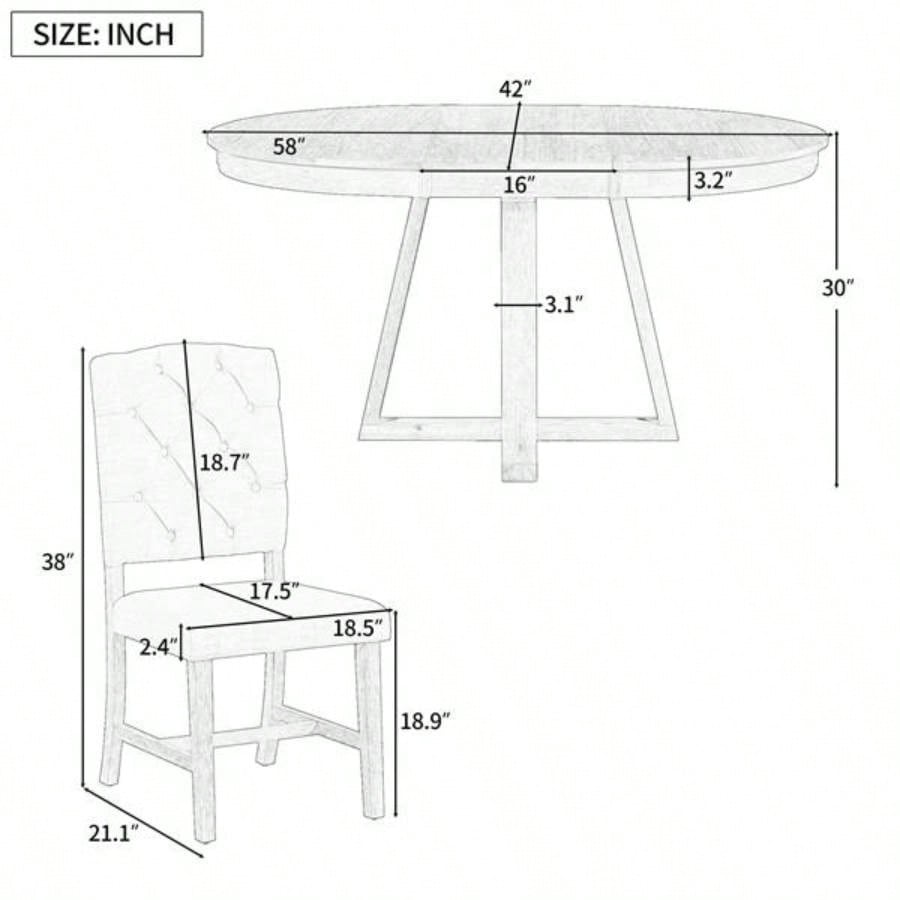 5 - Piece Retro Functional Dining Set, Round Table with a 16 Leaf and 4 Upholstered Chairs Dining Room and Living Room Natural