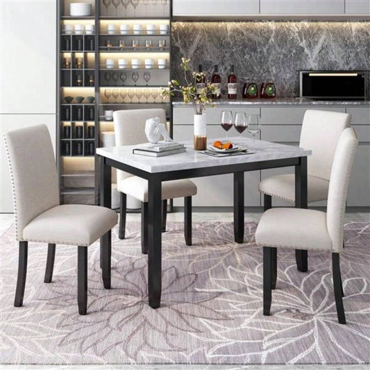 Faux Marble 5 - Piece Dining Set Table with 4 Thicken Cushion Dining Chairs Home Furniture, White/Beige+Black